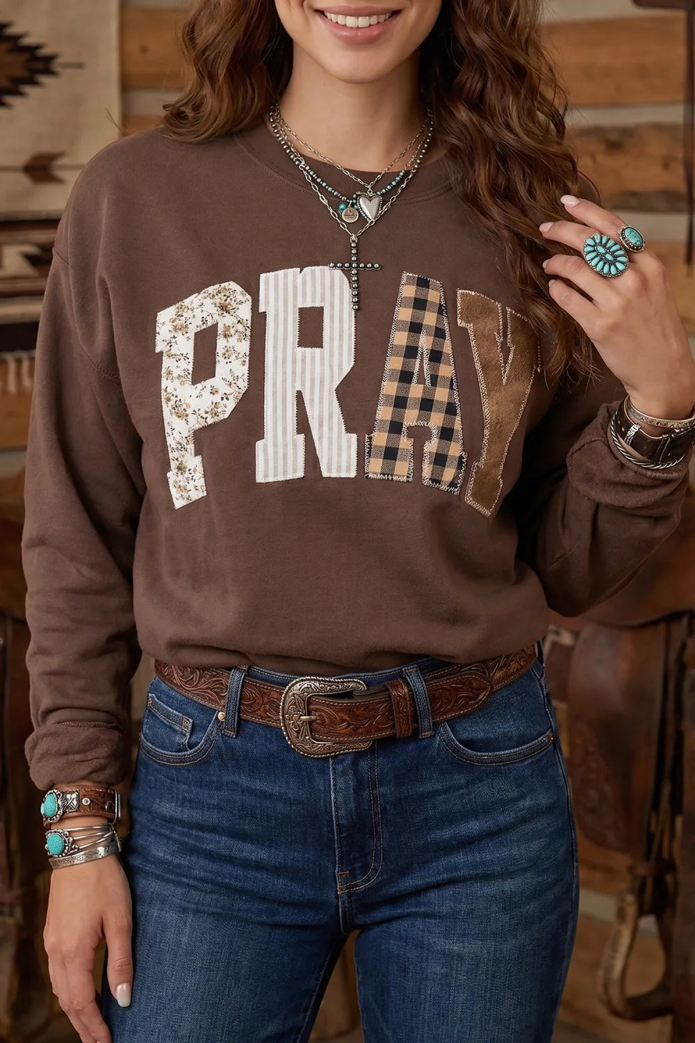 Coffee Floral Buffalo Plaid Striped Embroidered Patch Western Pullover Sweatshirt
