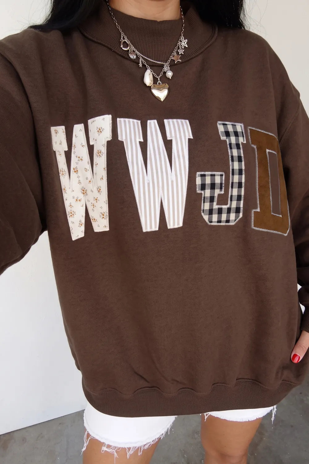 WWJD Mockneck Patchwork Embroidered Sweatshirt