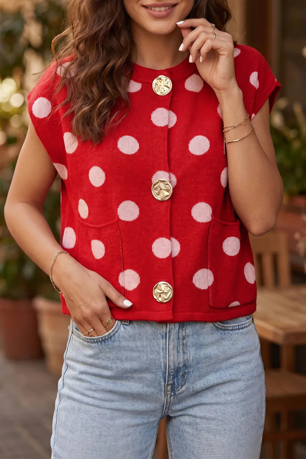 Red Polka Dot Sleeveless Knit Button Drop Shoulder Sweater Vest