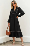Smocked V-Neck Leopard Piping Maxi Dress
