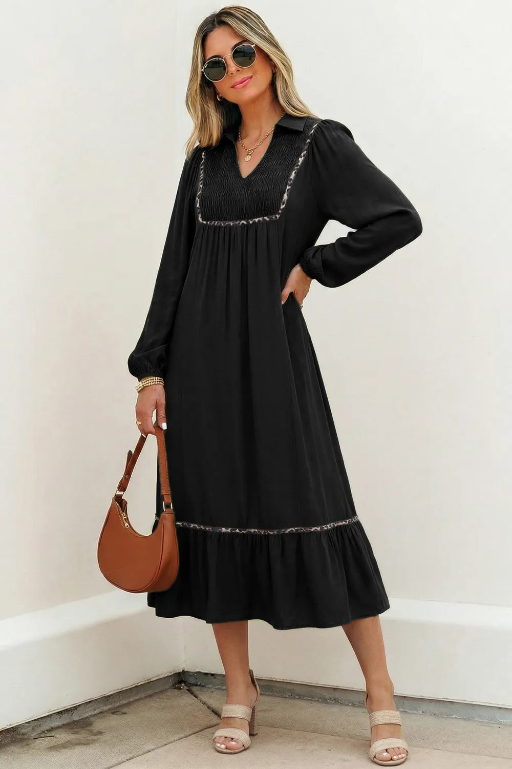 Smocked V-Neck Leopard Piping Maxi Dress