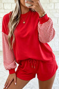 Plaid Patchwork Long Sleeve Top Solid Drawstring Shorts Set