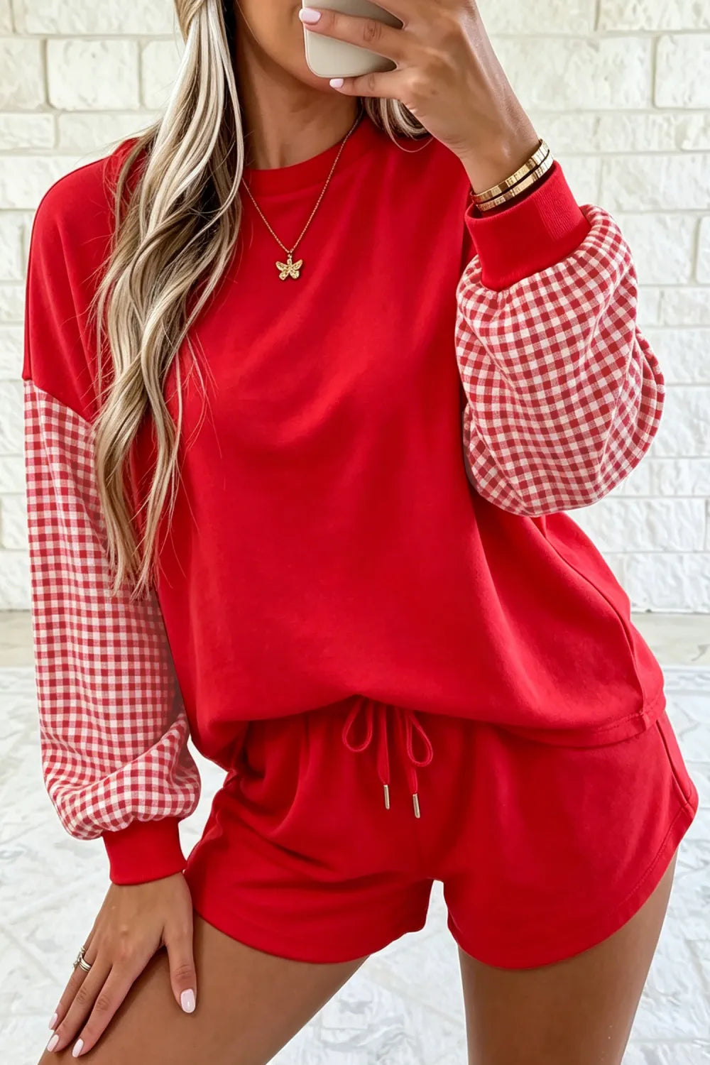 Plaid Patchwork Long Sleeve Top Solid Drawstring Shorts Set