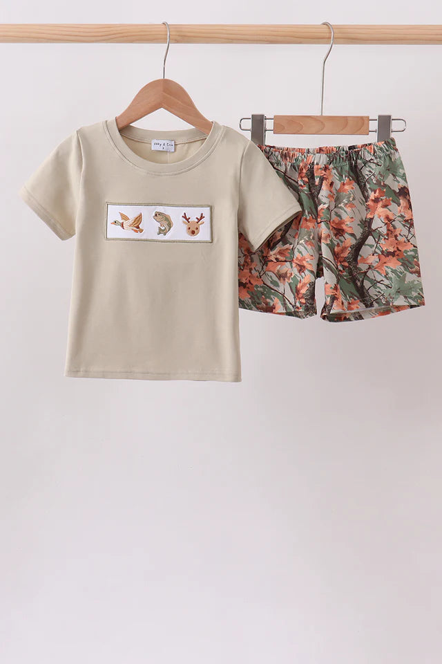 Camo Wildlife Embroidered Shorts Set