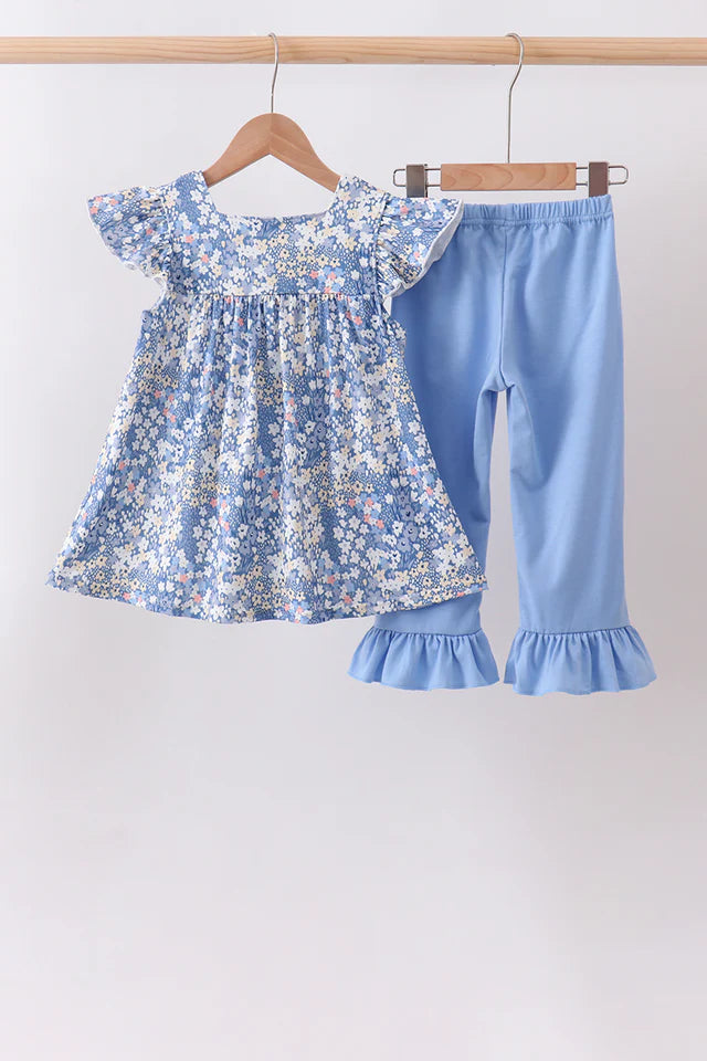 Blue Floral Print Ruffle Pants Set