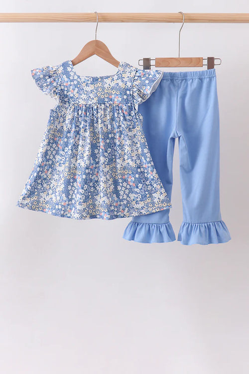 Blue Floral Print Ruffle Pants Set