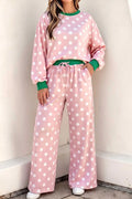 Polka Dot Contrast Trim Long Sleeve Top Drawstring Shift Pants Set