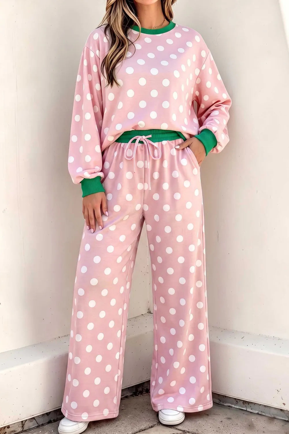 Polka Dot Contrast Trim Long Sleeve Top Drawstring Shift Pants Set