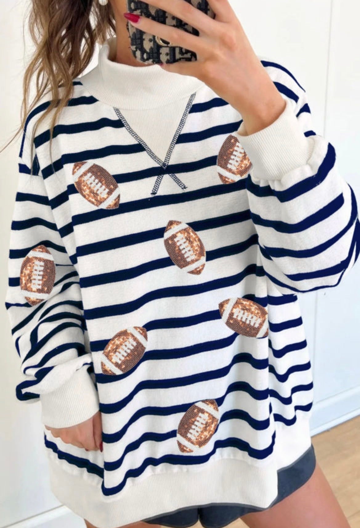 Navy Stripe Football Sequin Crewneck Sweatshirt