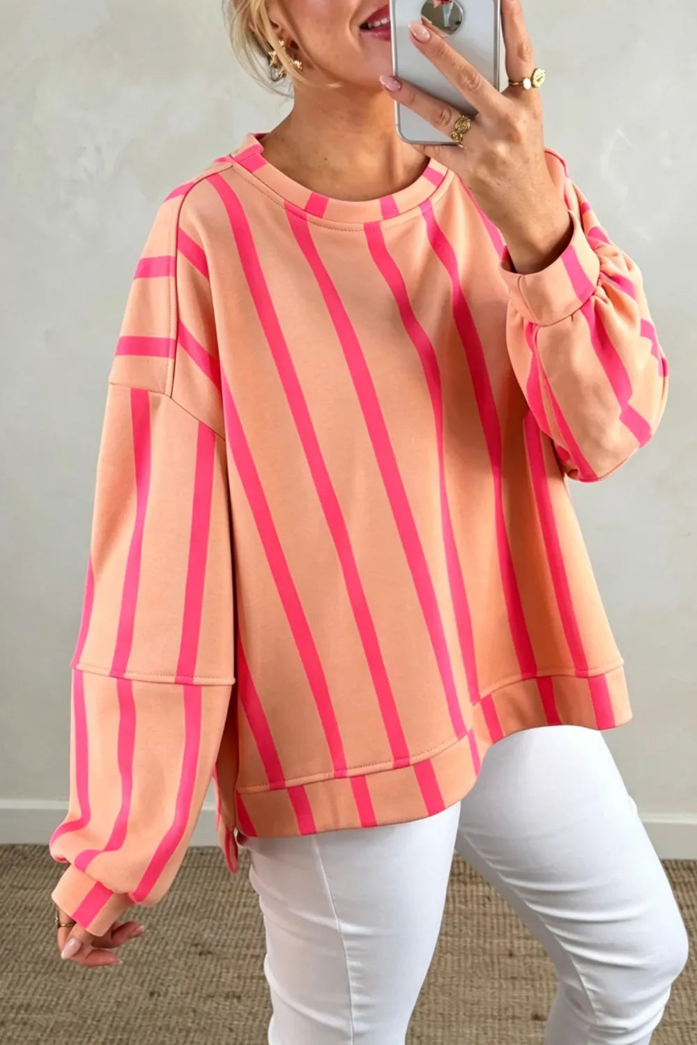 Stripe Dropped Shoulder Round Neck Casual Sweatshirt