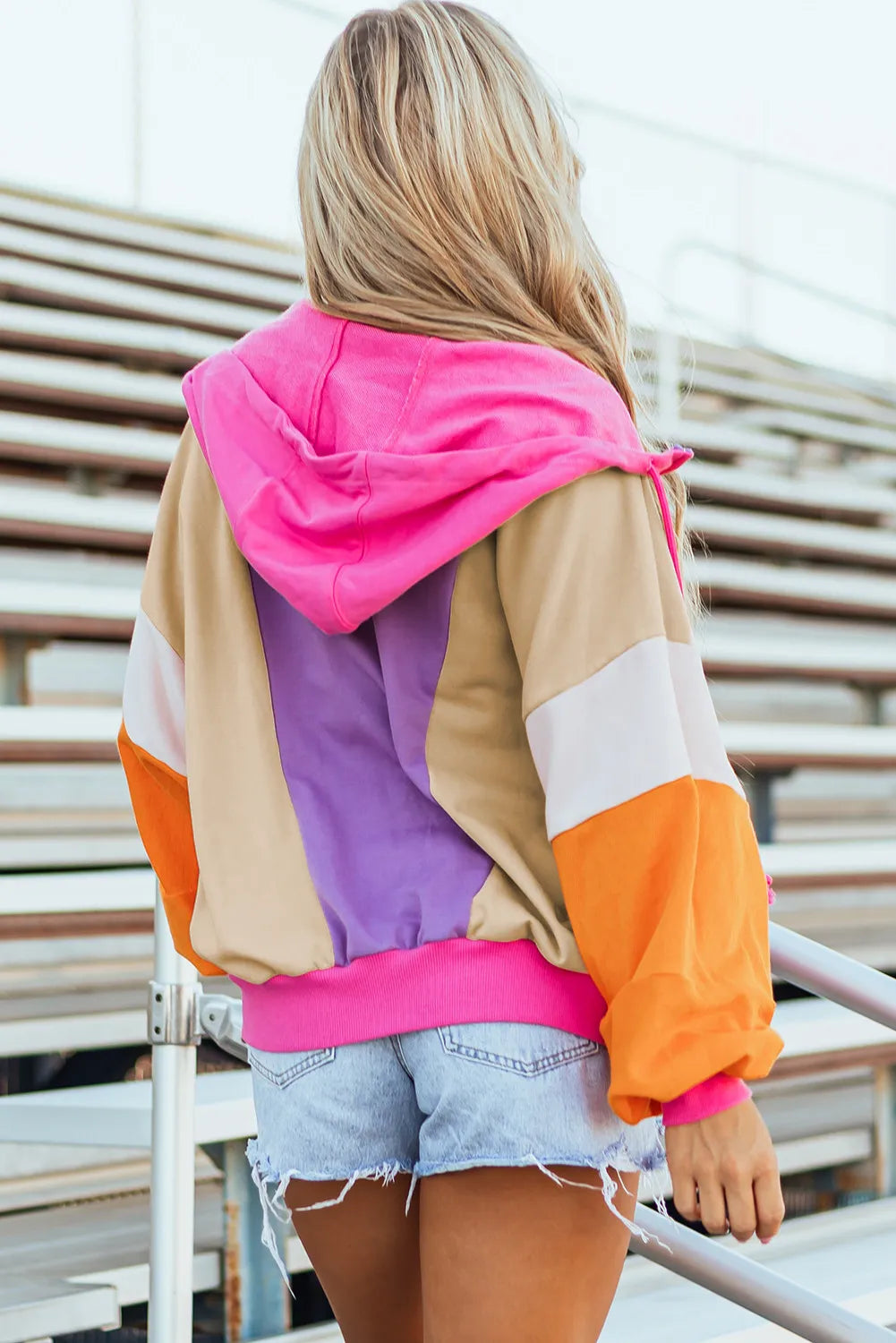 Grapefruit Orange Oversized Colorblock Patchwork Full Zipped Hoodie Jacket