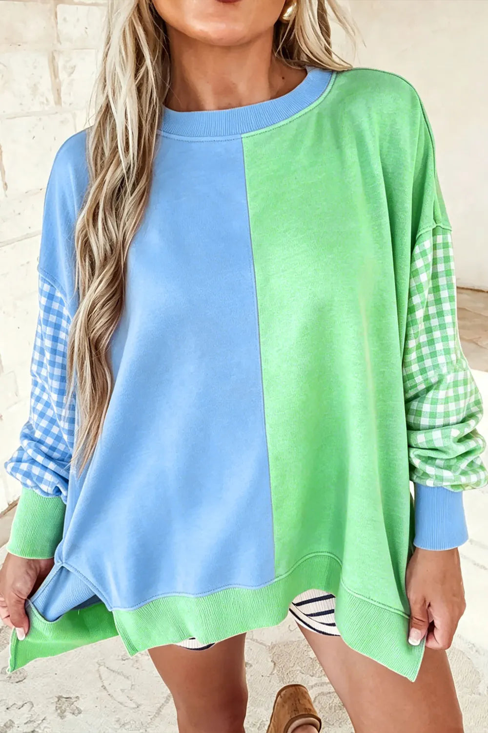 Gingham Sleeve Colorblock Sweatshirt