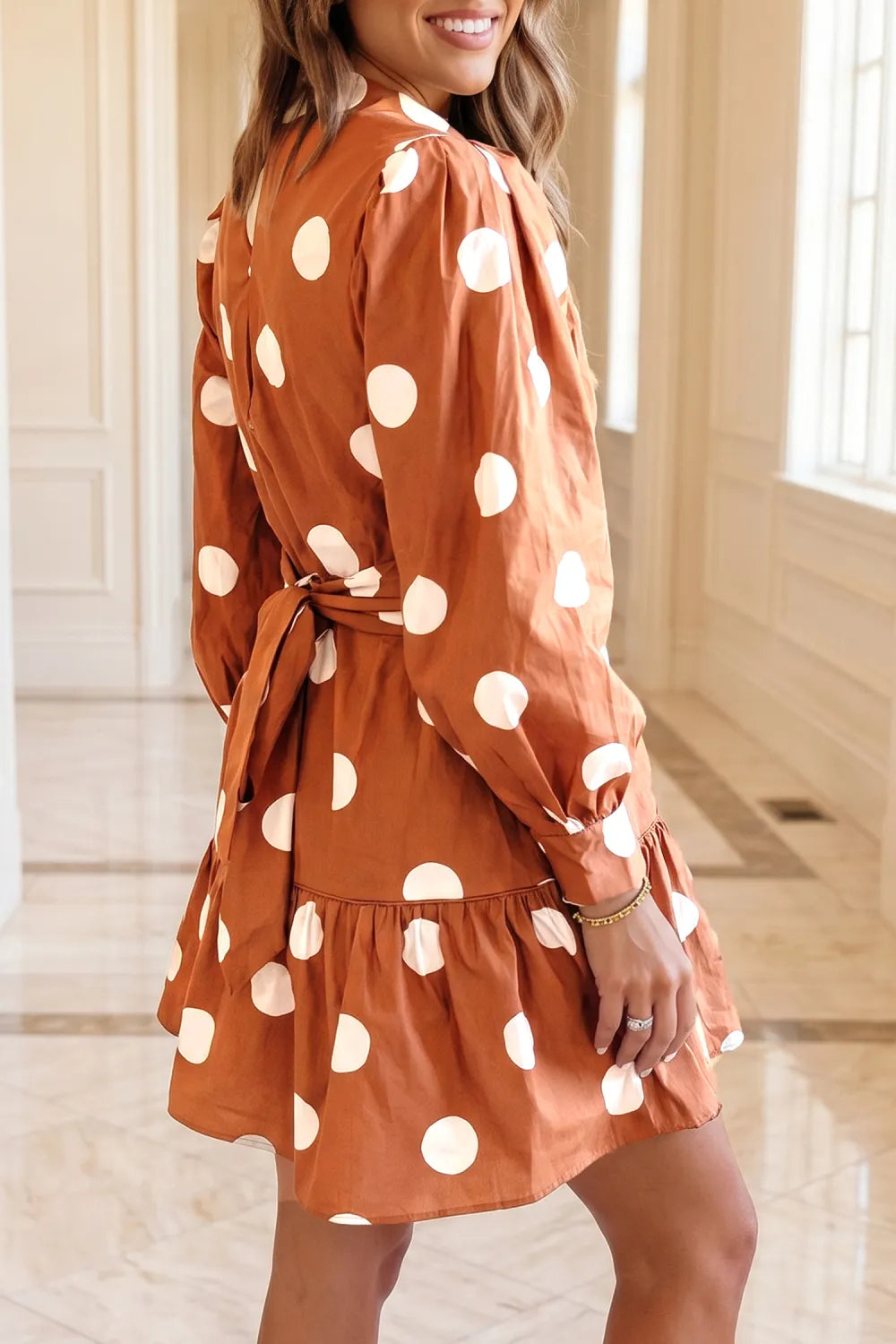Brown Polka Dot Tie Waist Dress