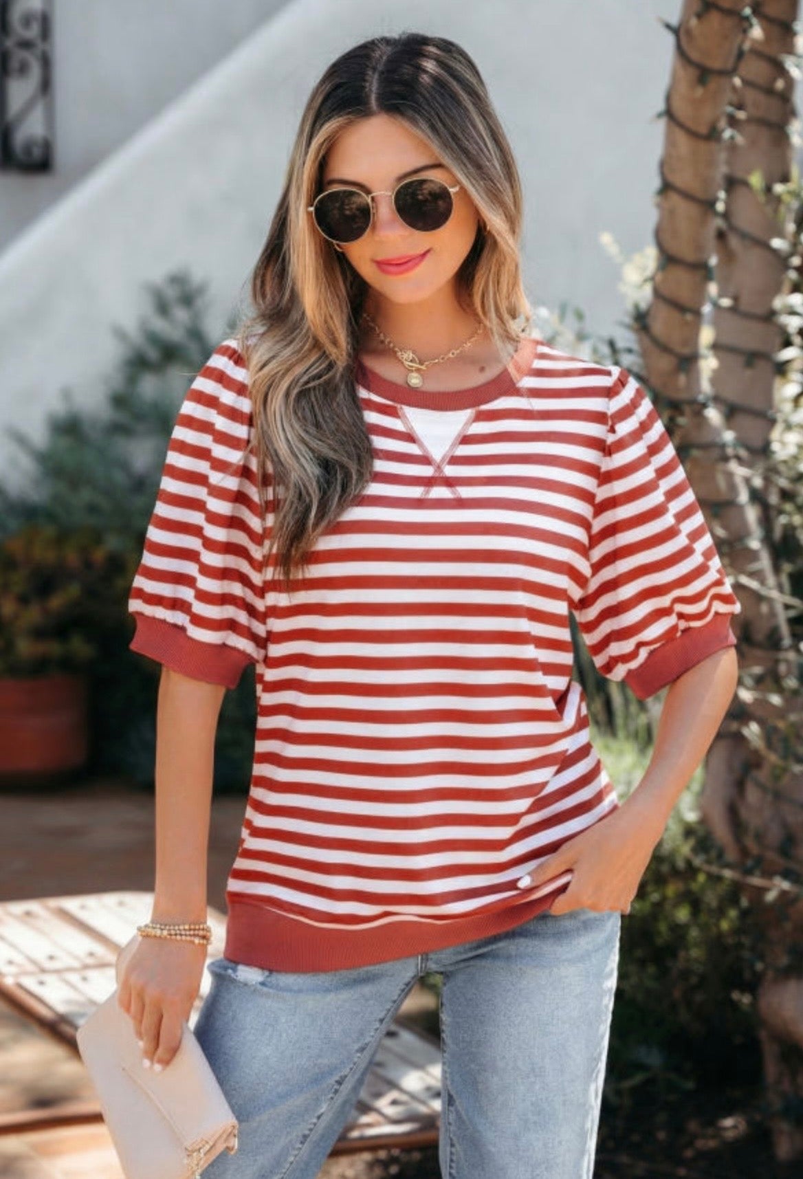 Orange Stripe Bubble Sleeve Top
