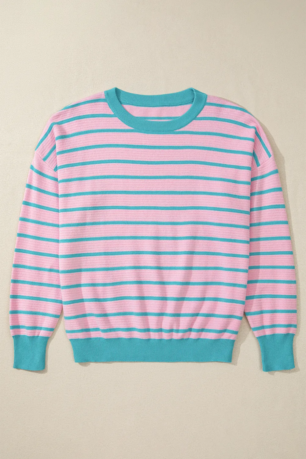 Stripe Trimmed Round Neck Drop Shoulder Loose Sweater