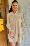 Brown Stripe Collared Neck Drop Waist Dress