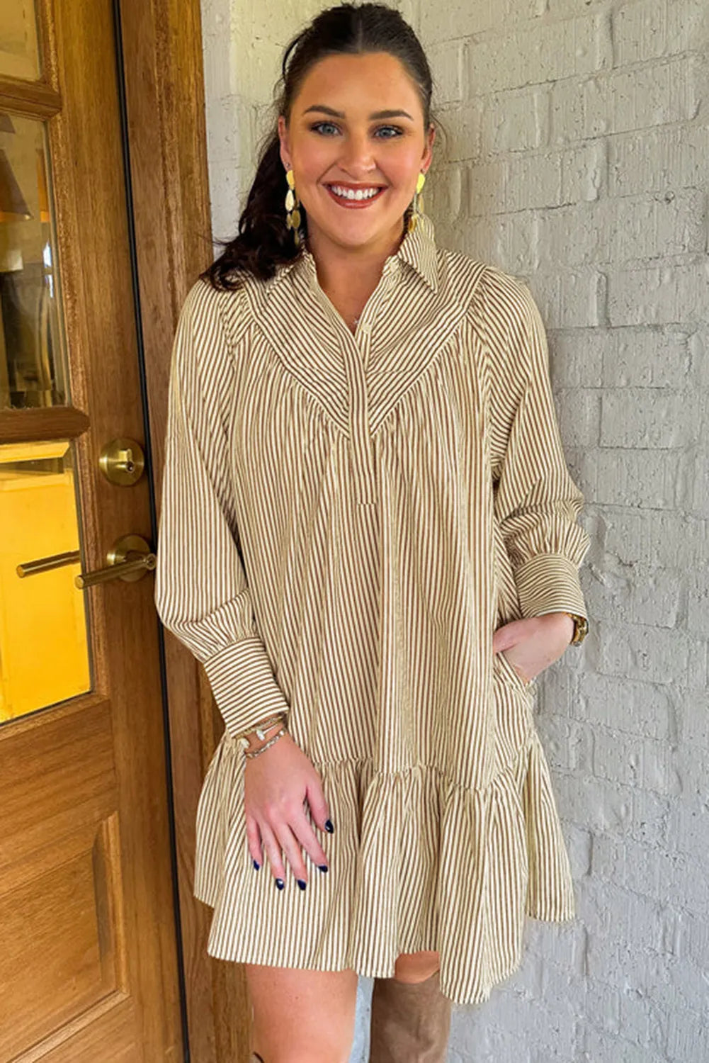 Brown Stripe Collared Neck Drop Waist Dress