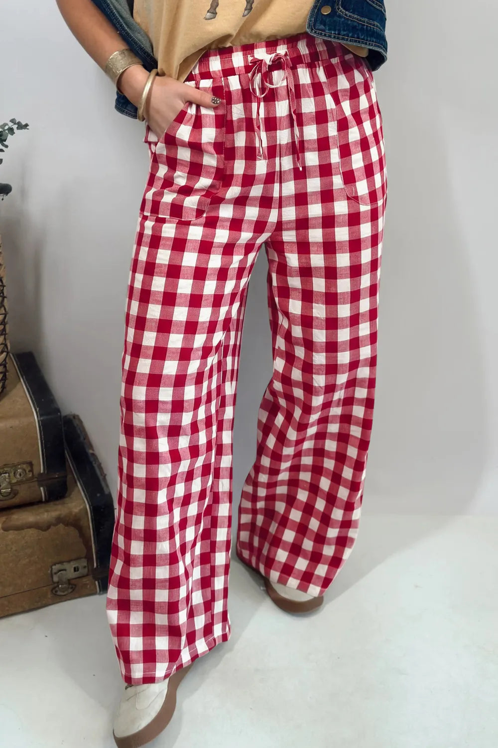 Gingham Plaid Tie Elastic Waist Pants