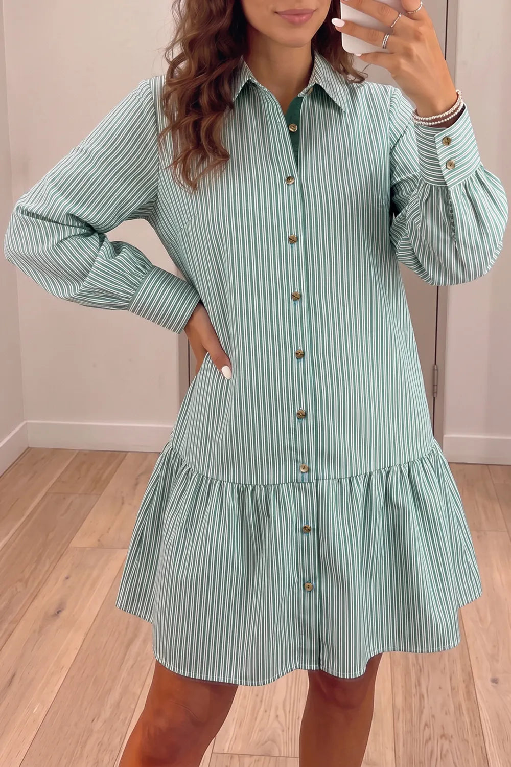 Green Stripe Striped Shift Long Sleeve Dress