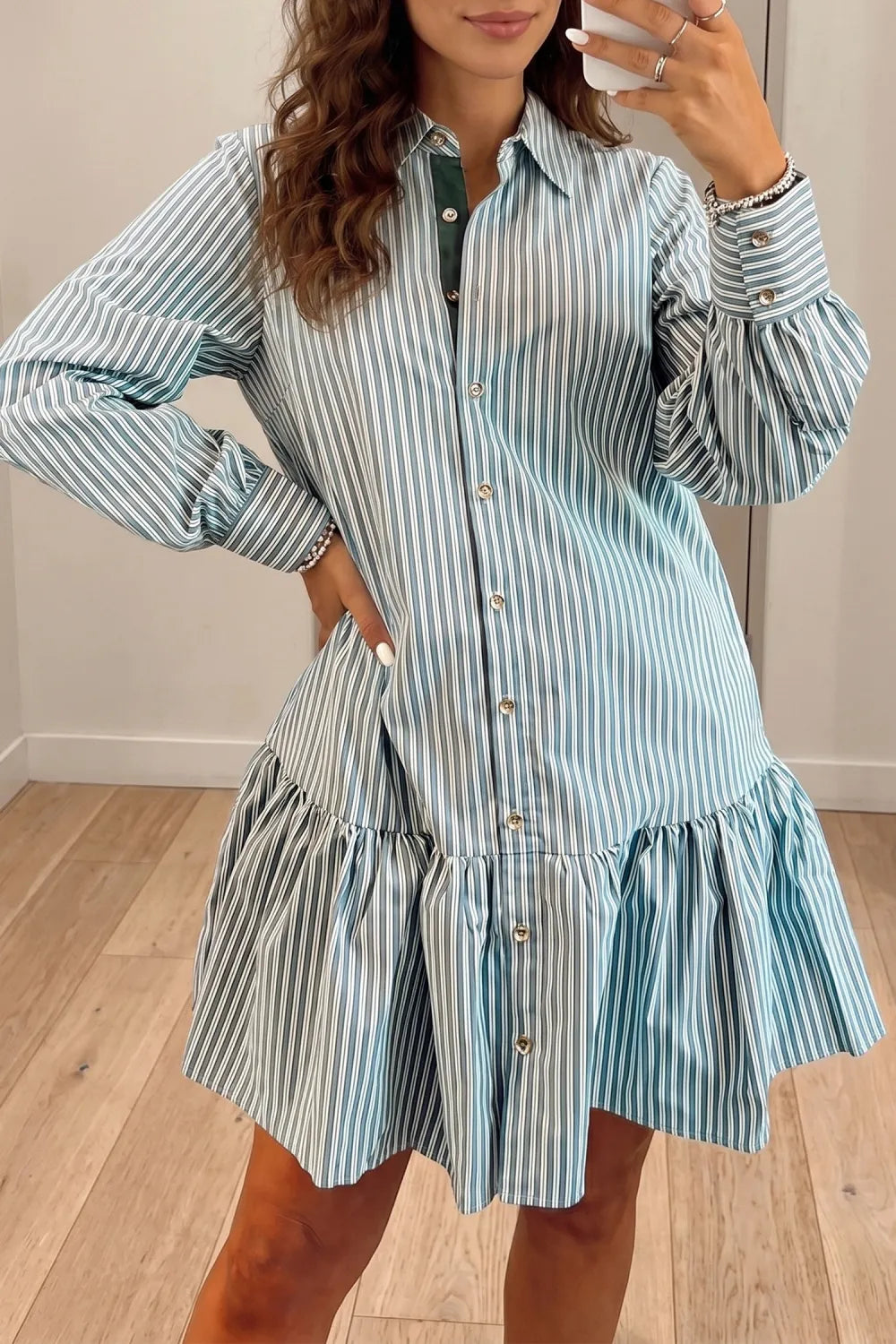 Green Stripe Striped Shift Long Sleeve Dress