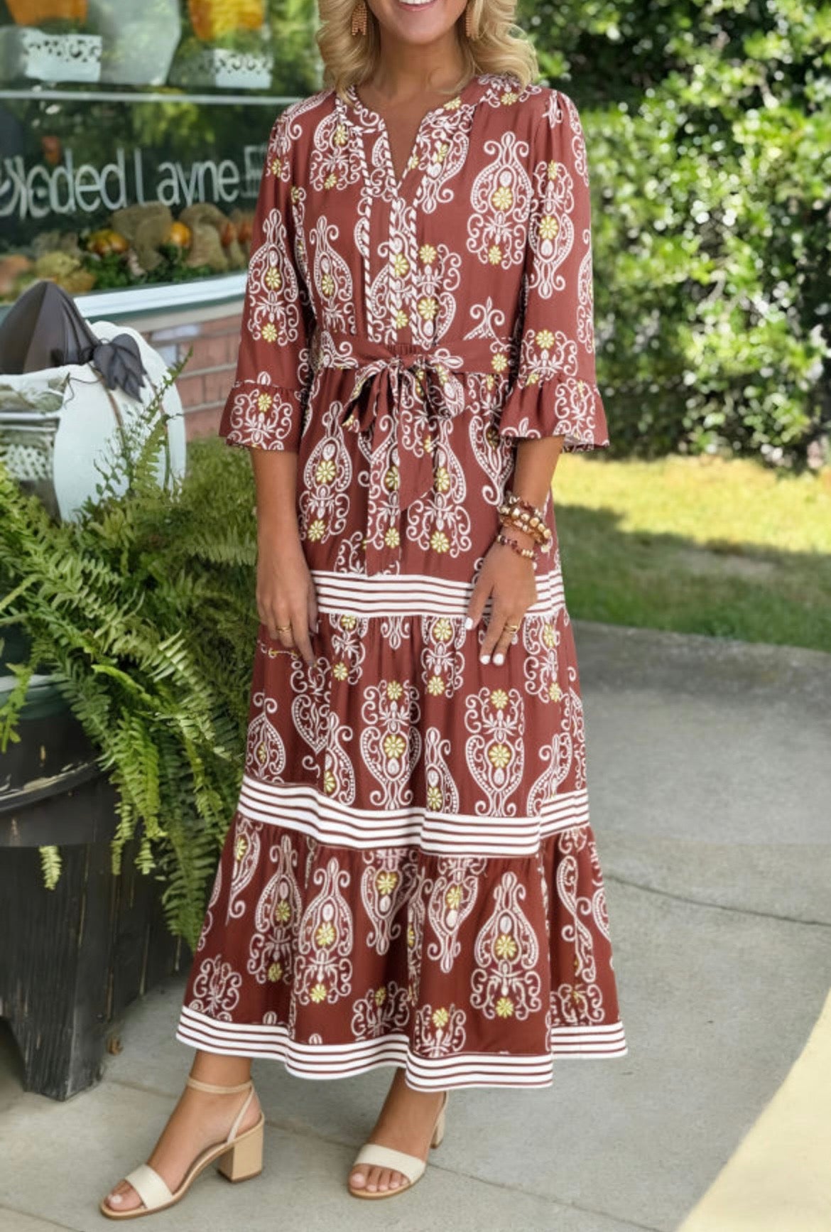 Brown Floral Print Belted Dress