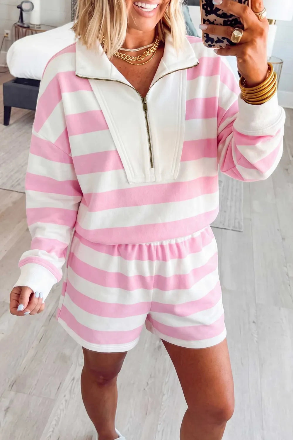 Pink Stripe Patchwork Zipper Pullover Elastic Waist Shorts