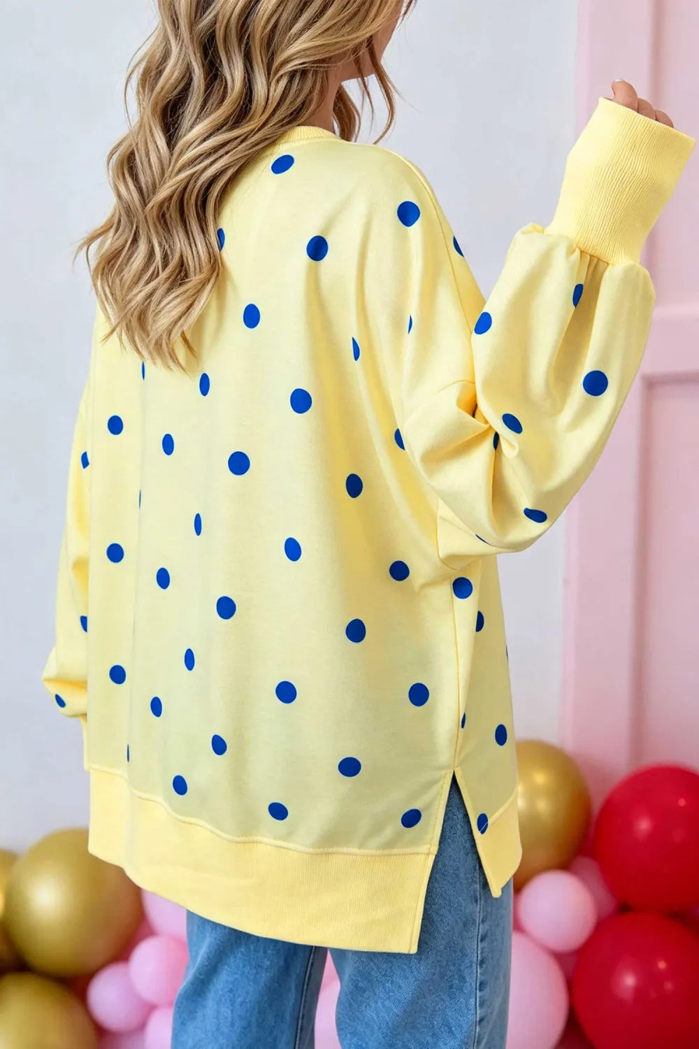 Yellow Loose-fit Long Sleeve Round Neck Polka Dot Tunic Sweatshirt