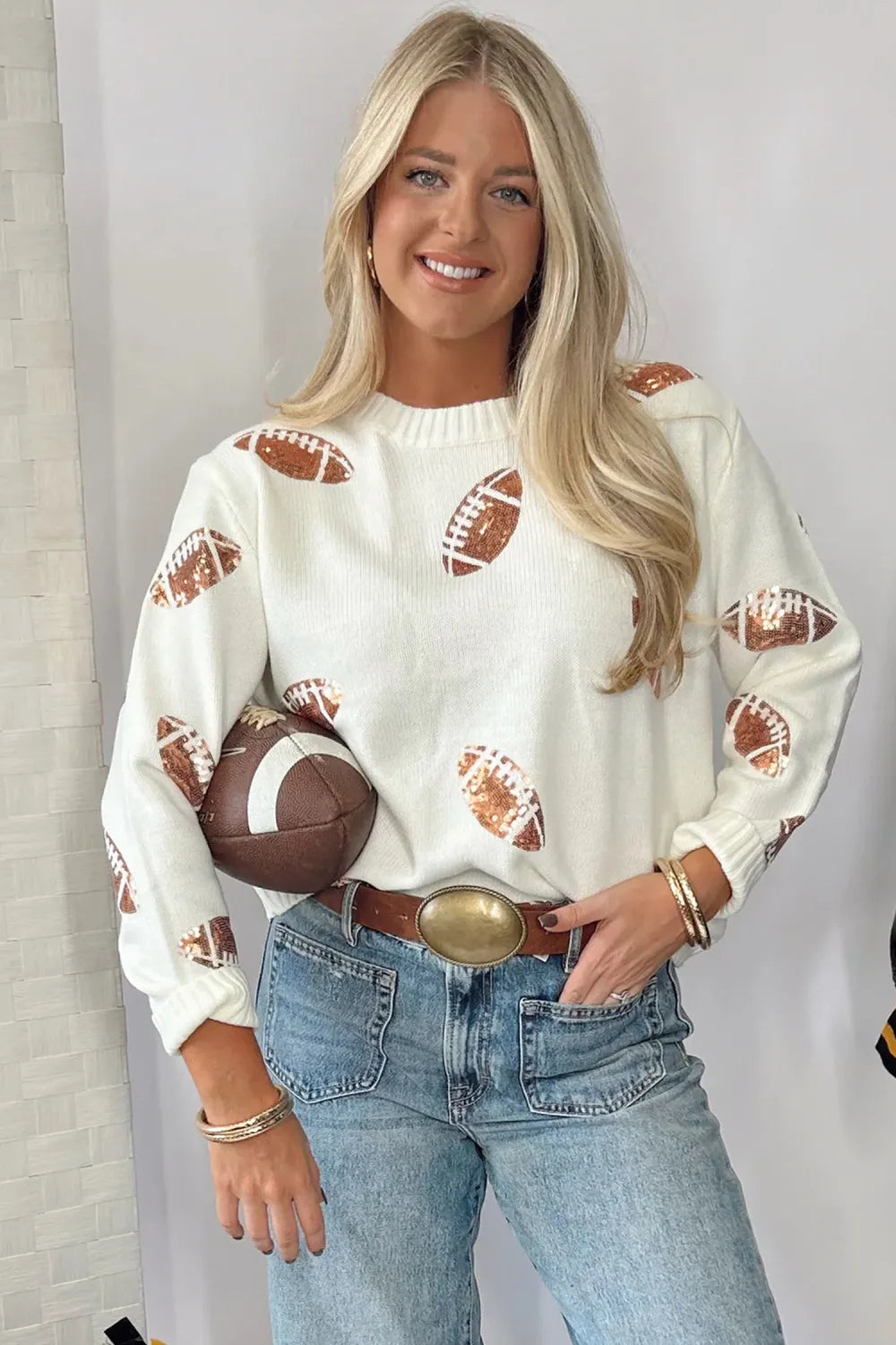 Sequin Football Print Long Sleeve Loose Fit Sweater