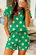 Green Polka Dot V Neck Set