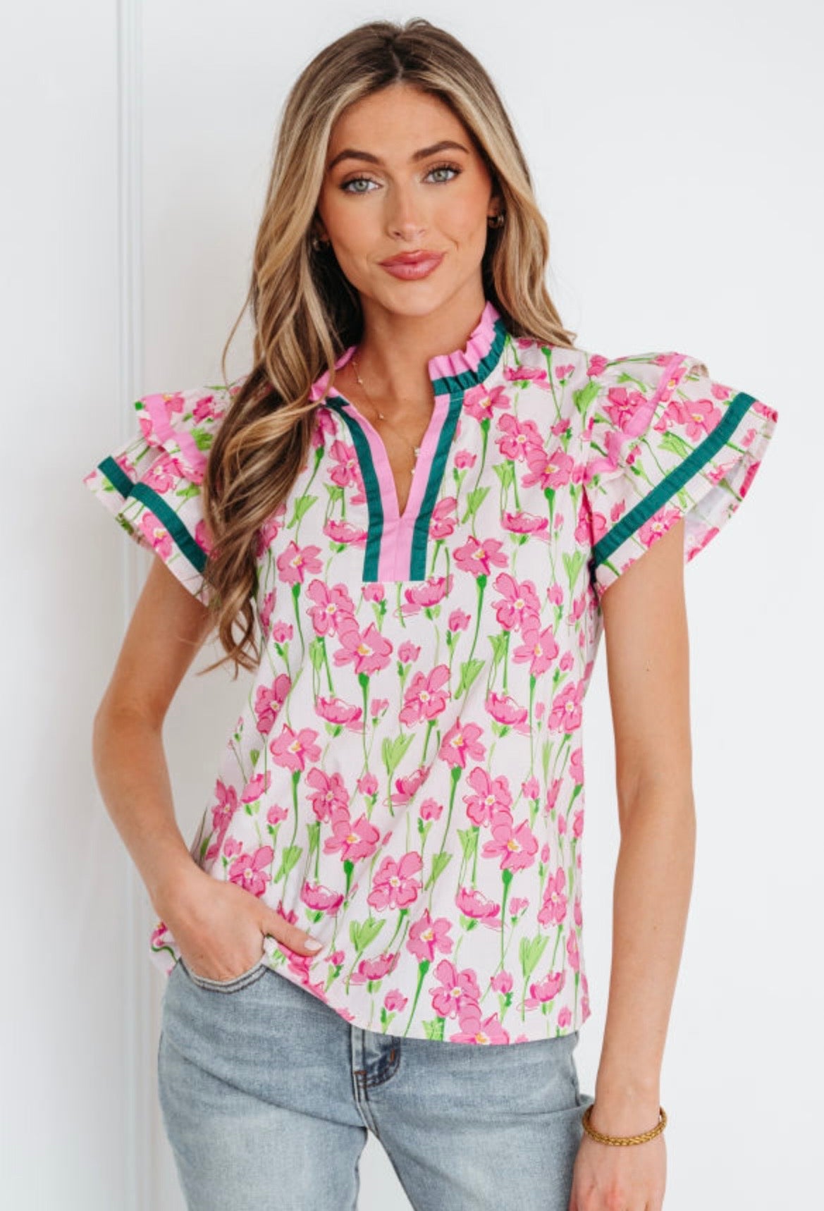 Green and Pink Floral Puff Sleeve Top