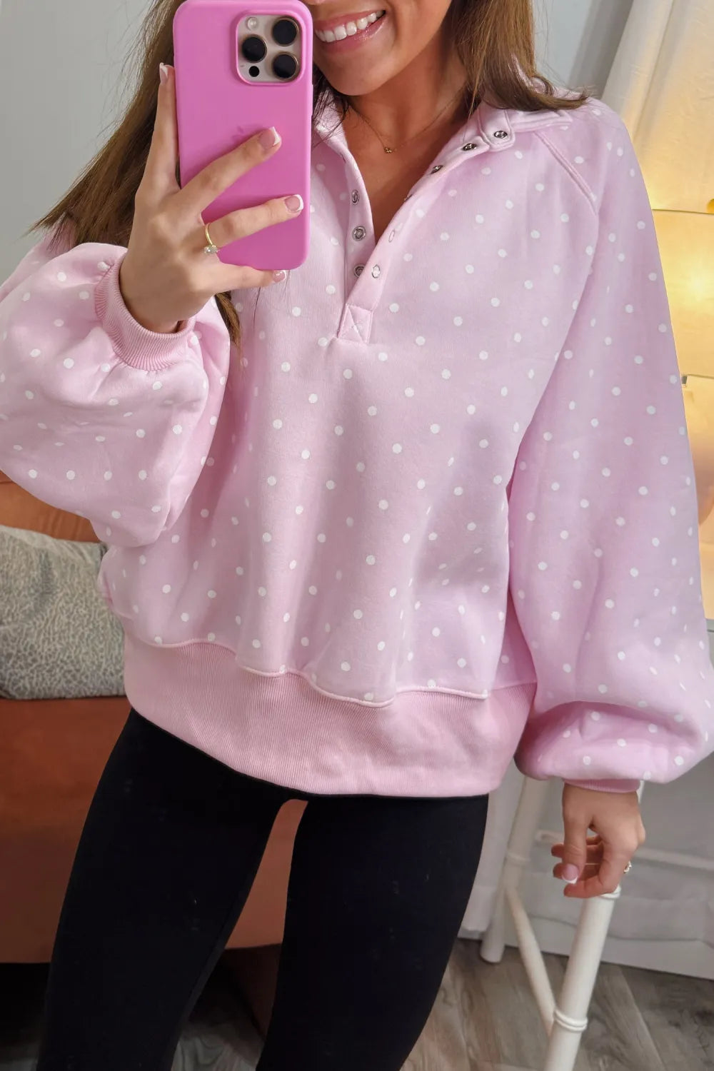 Polka Dot Print Metal Button Collar Casual Pullover Sweatshirt