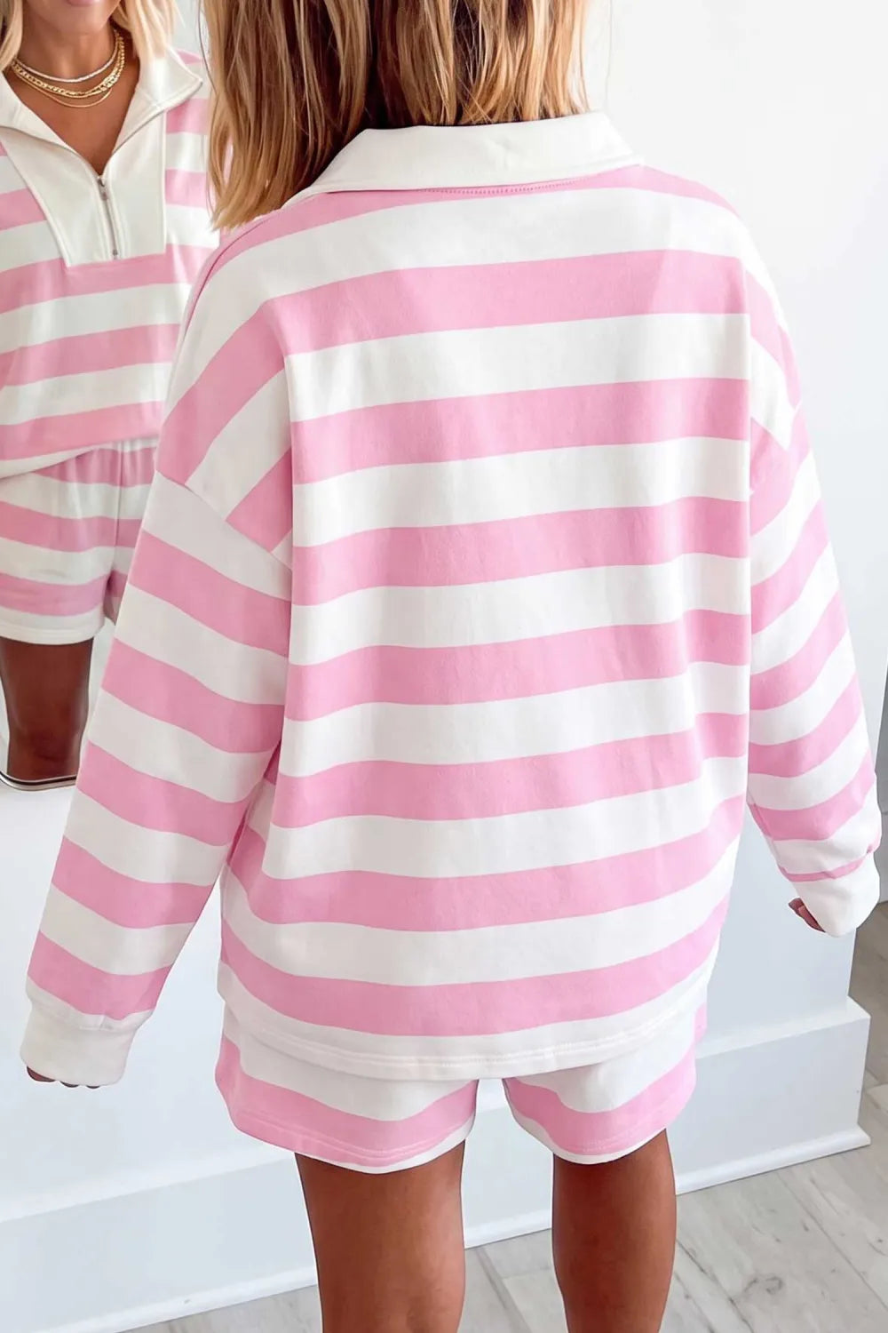 Pink Stripe Patchwork Zipper Pullover Elastic Waist Shorts