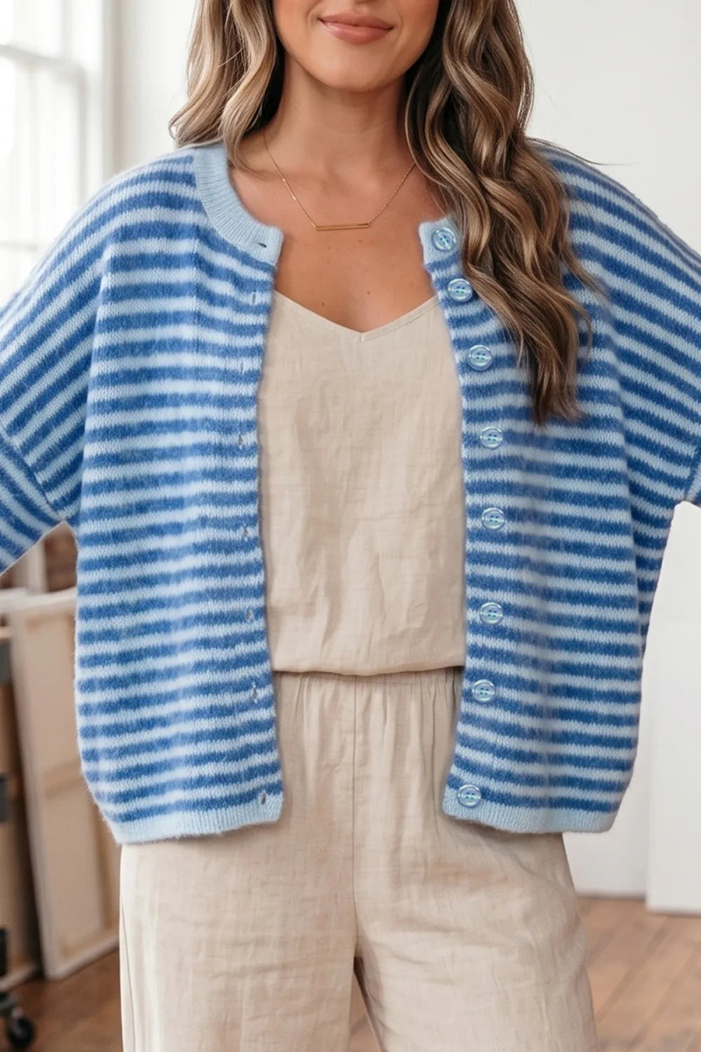 Blue Stripe Loose Half Sleeve Knit Button Down Sweater Cardigan