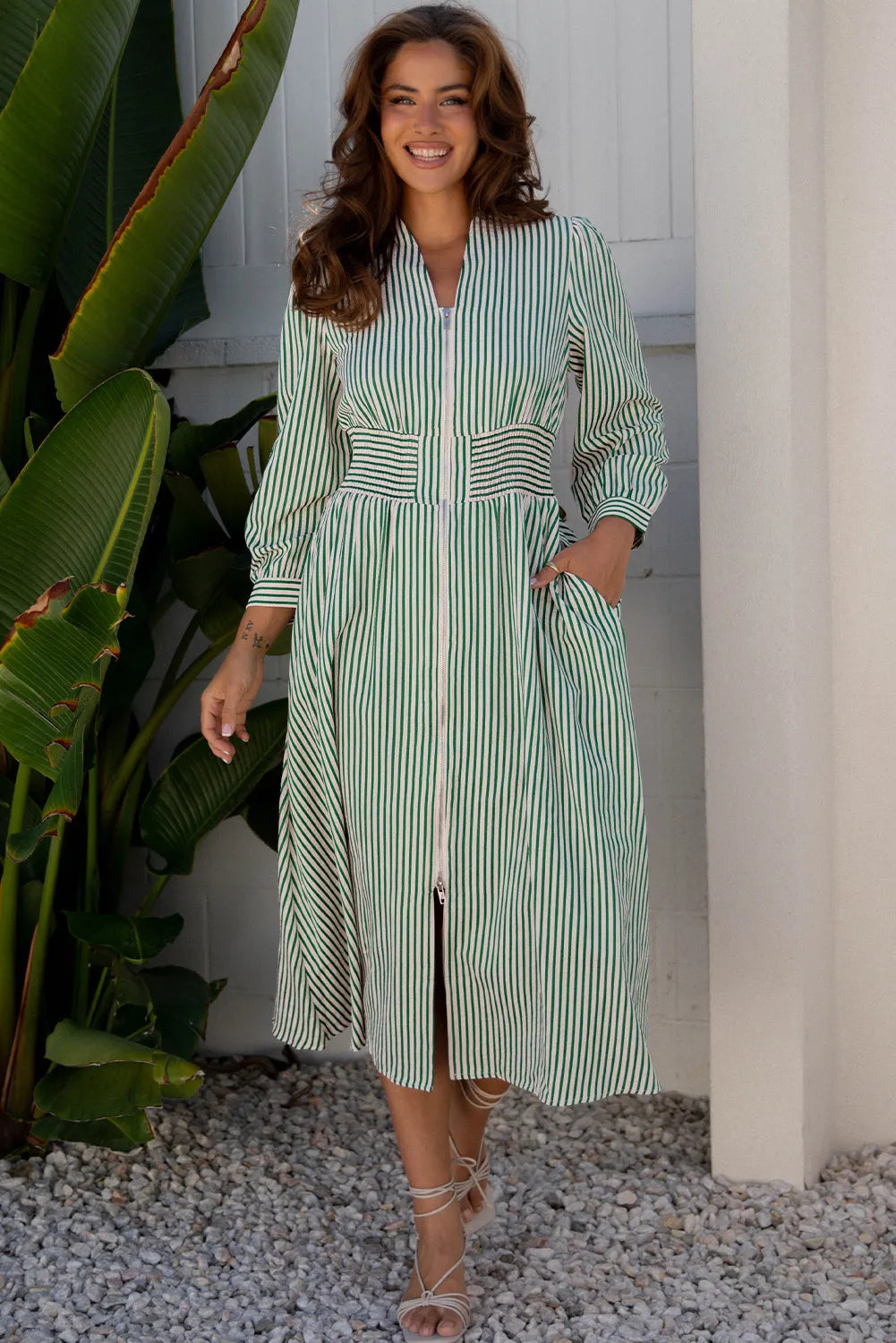 Stripe V Neck Zip Front Cinched High Waist Midi Dress