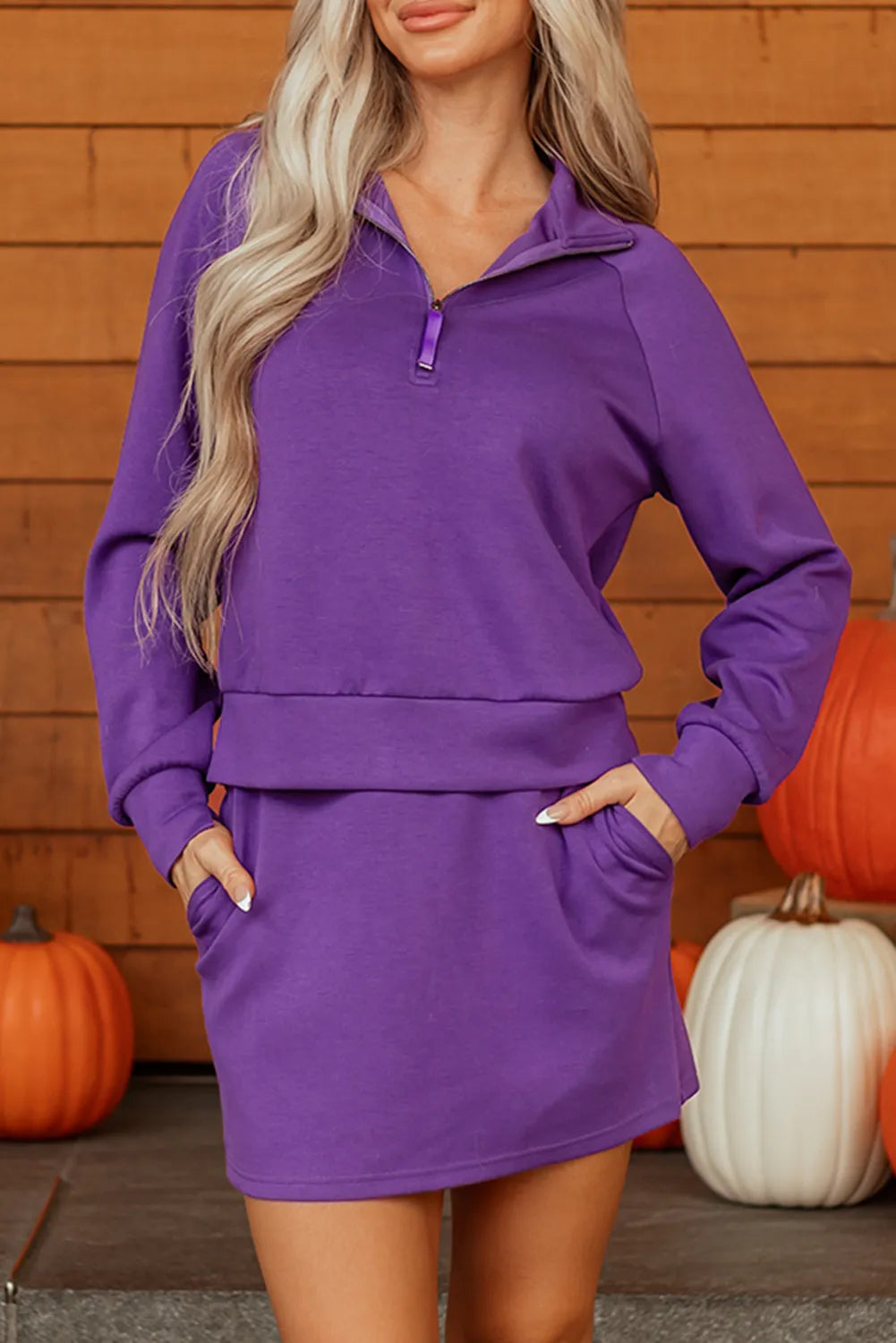 Half Zip Sporty Pullover Mini Skort 2pcs Outfit