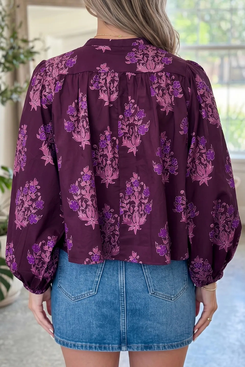 Purple Floral Print Button Puff Sleeve Top