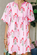 Pink Floral Puff Sleeve Dress