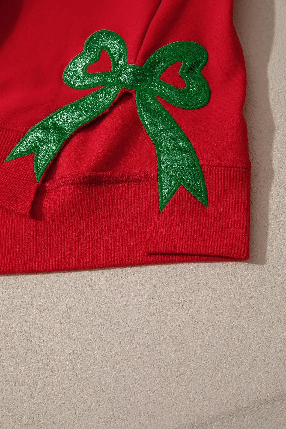 Fiery Red Merry and Bright Plaid Embroidered Letter Graphic Sequin Bow Decor Christmas Sweatshirt