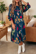 Blue Floral Print Gathered Neckline Sleeve Casual Midi Dress
