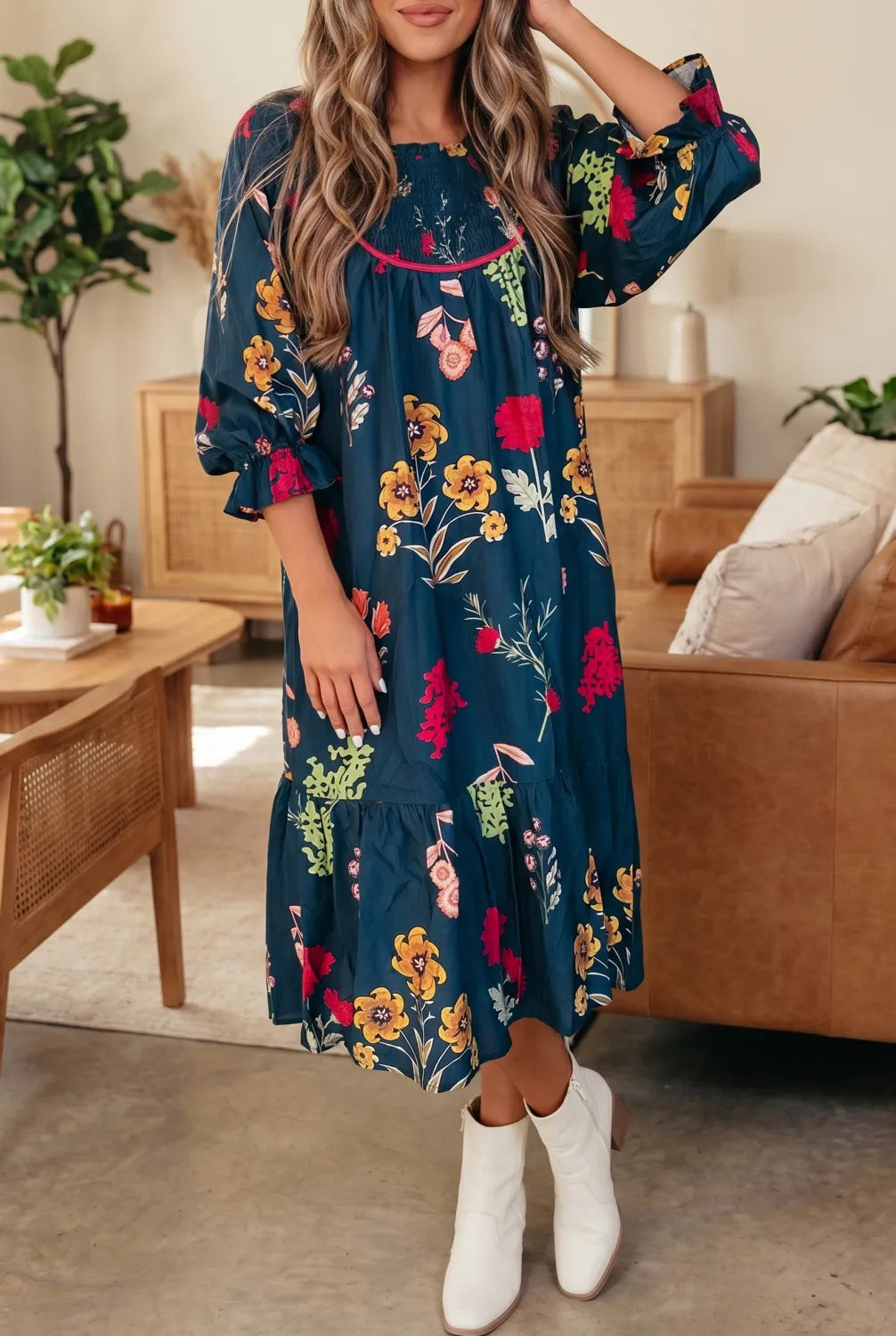 Blue Floral Print Gathered Neckline Sleeve Casual Midi Dress