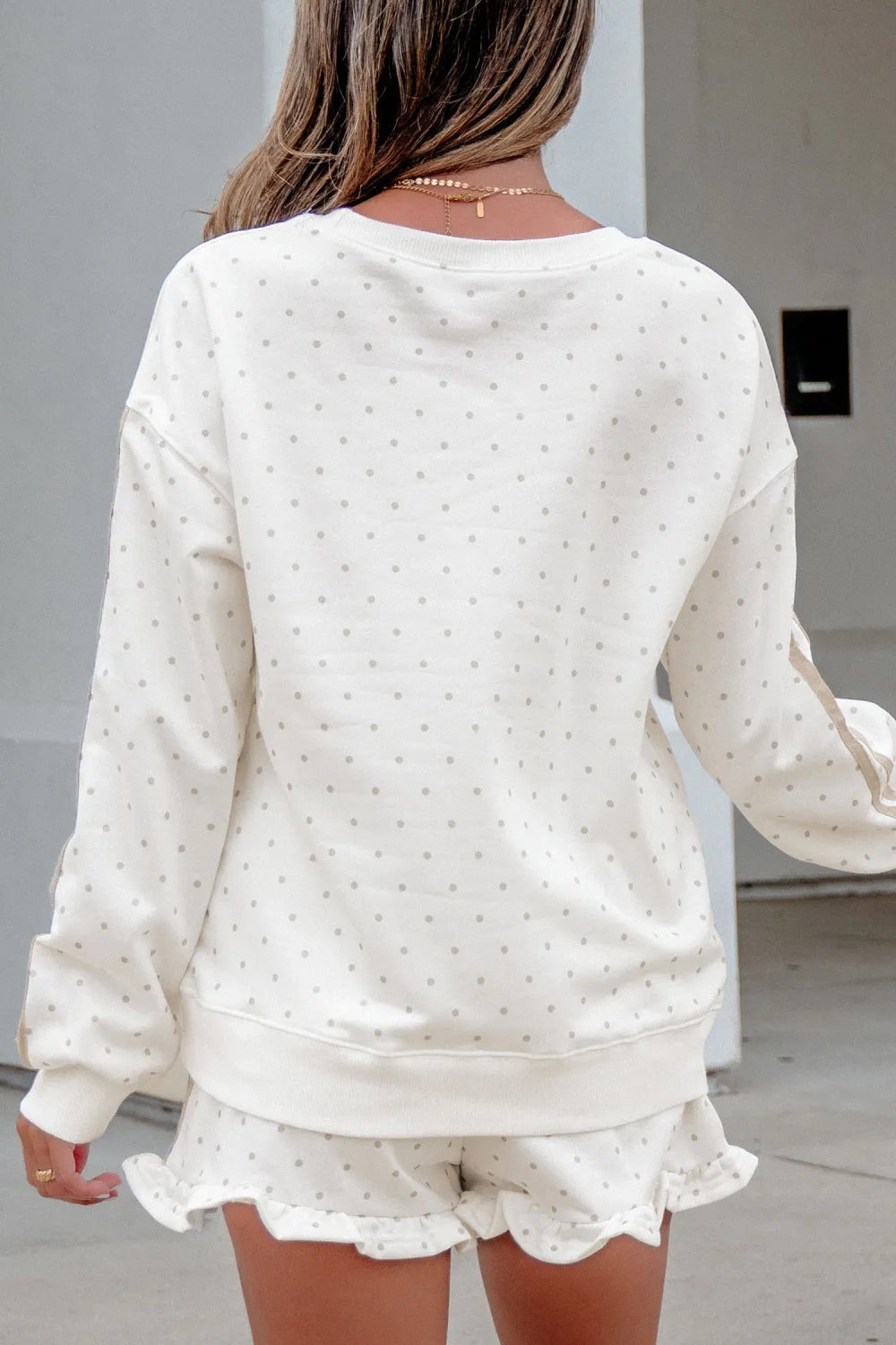 White Polka Dot Print Side Stripe Detail Casual Sweatshirt 2pcs Short Set