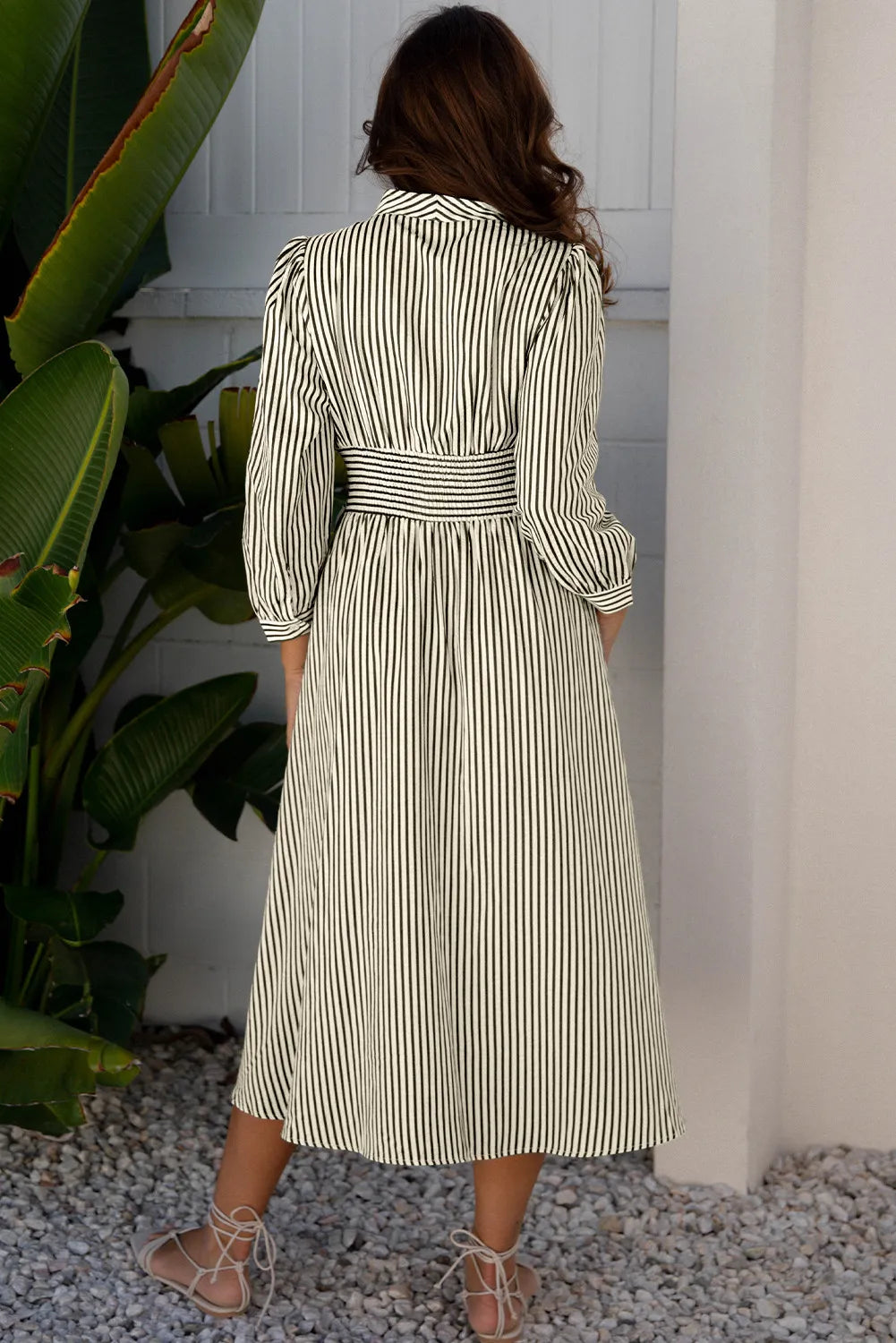 Stripe V Neck Zip Front Cinched High Waist Midi Dress