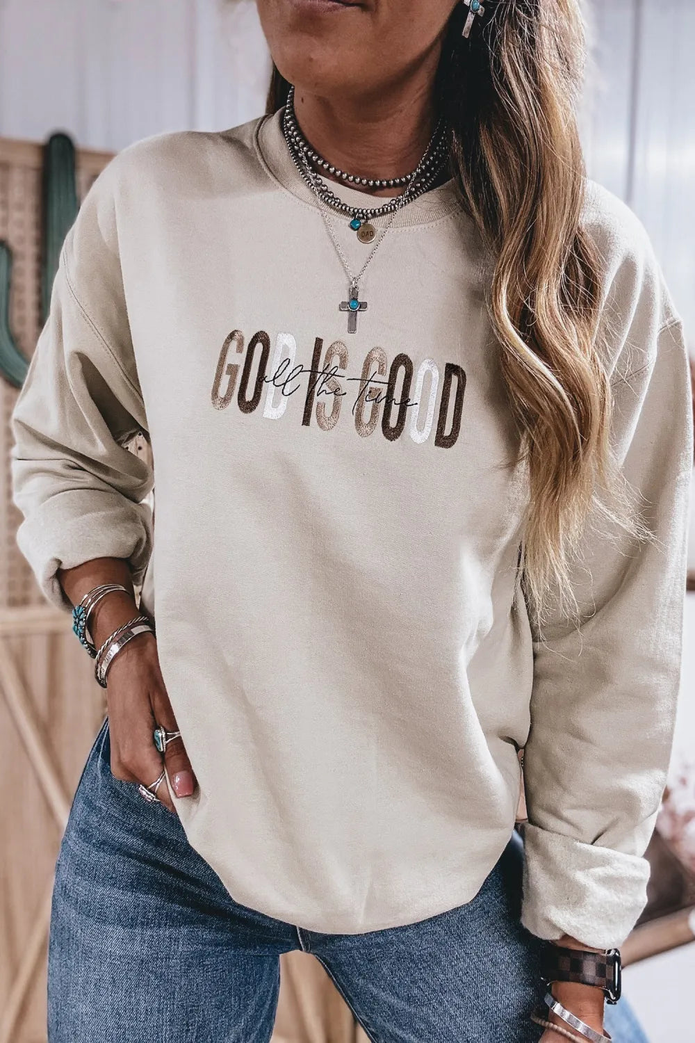 Jet Stream GOD IS GOOD Western Embroidered Letter Crewneck Pullover Sweatshirt