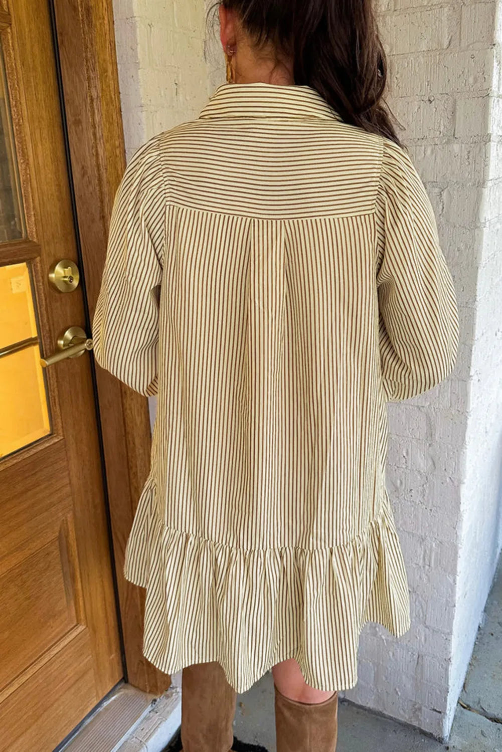 Brown Stripe Collared Neck Drop Waist Dress