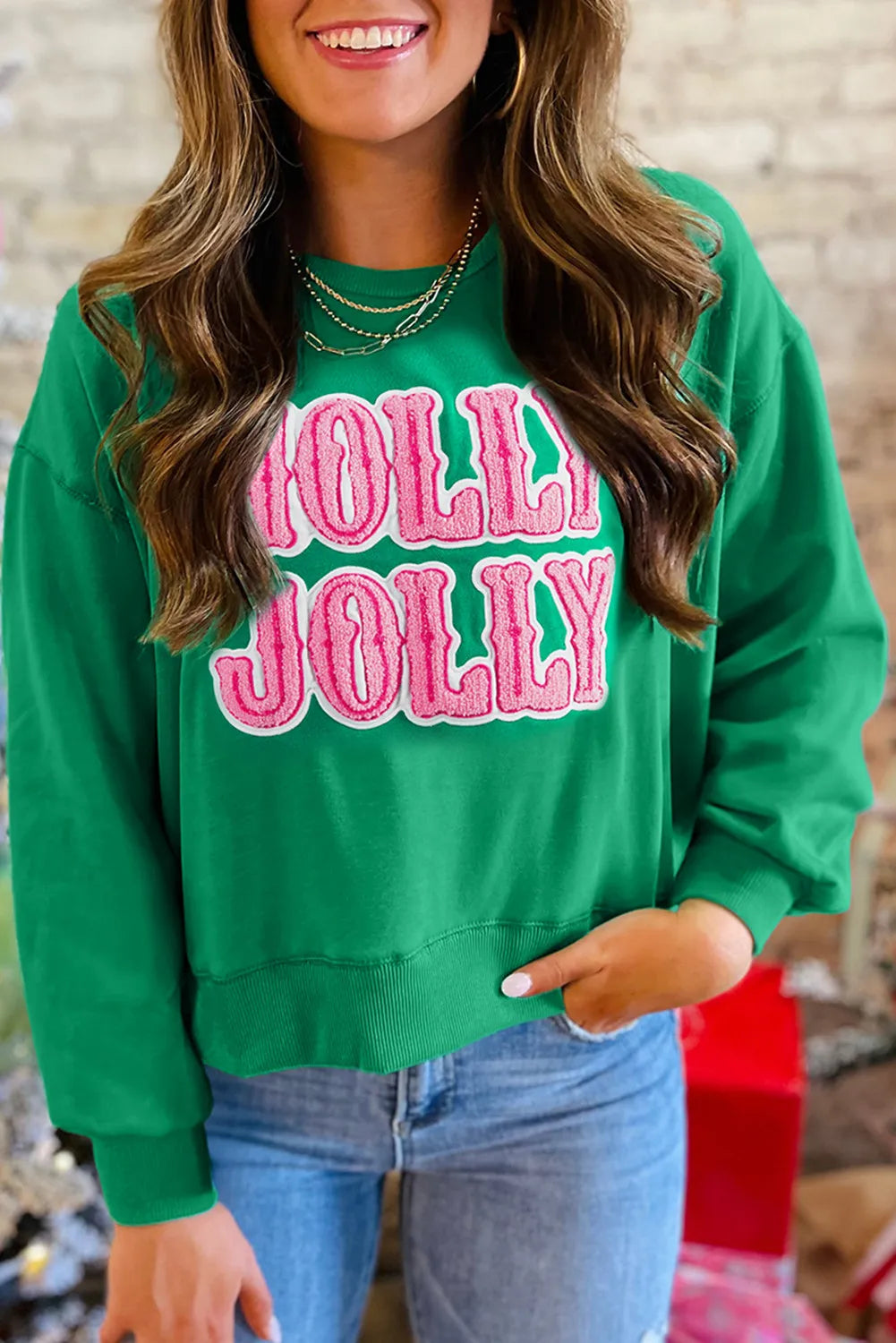 Sea Green HOLLY JOLLY Towel Embroidered Christmas Holiday Sweatshirt