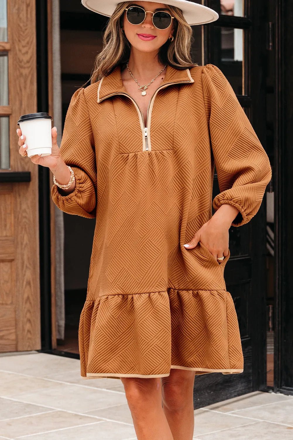 Quarter Zip Textured Dress Desert Gold