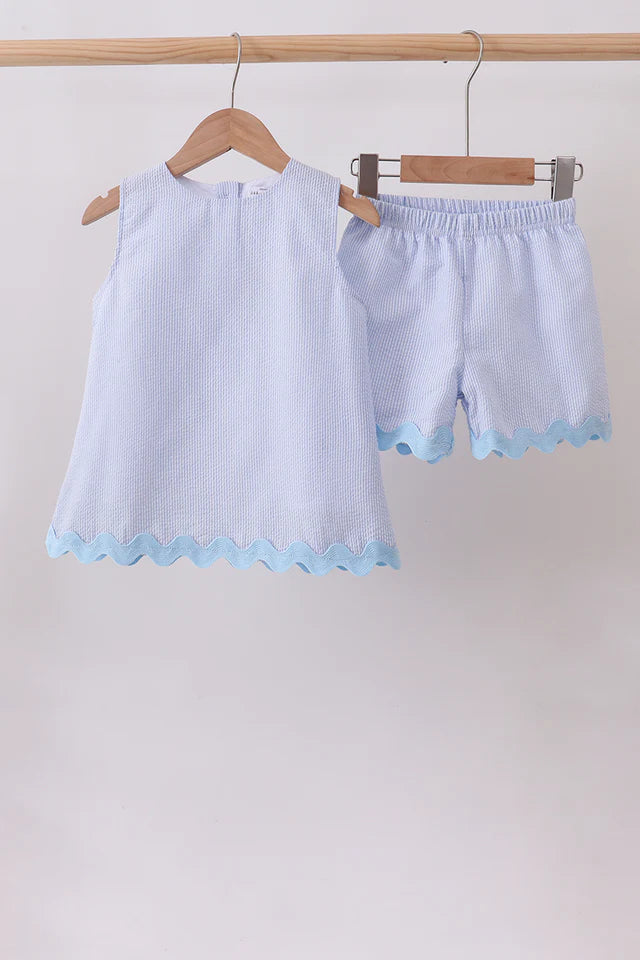 Seersucker Stripe Scalloped Shorts Set