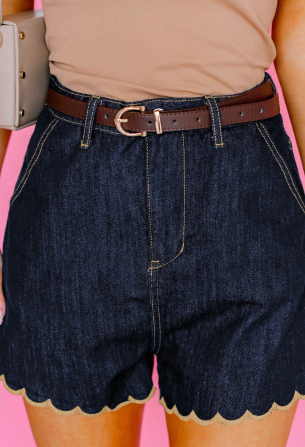 Navy Blue Scalloped Denim Shorts