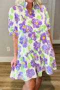 Purple Floral V Collar Short Sleeve Tiered Ruffle Dress