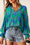 Green Abstract Print V Neck Flounced Puff Sleeve Blouse